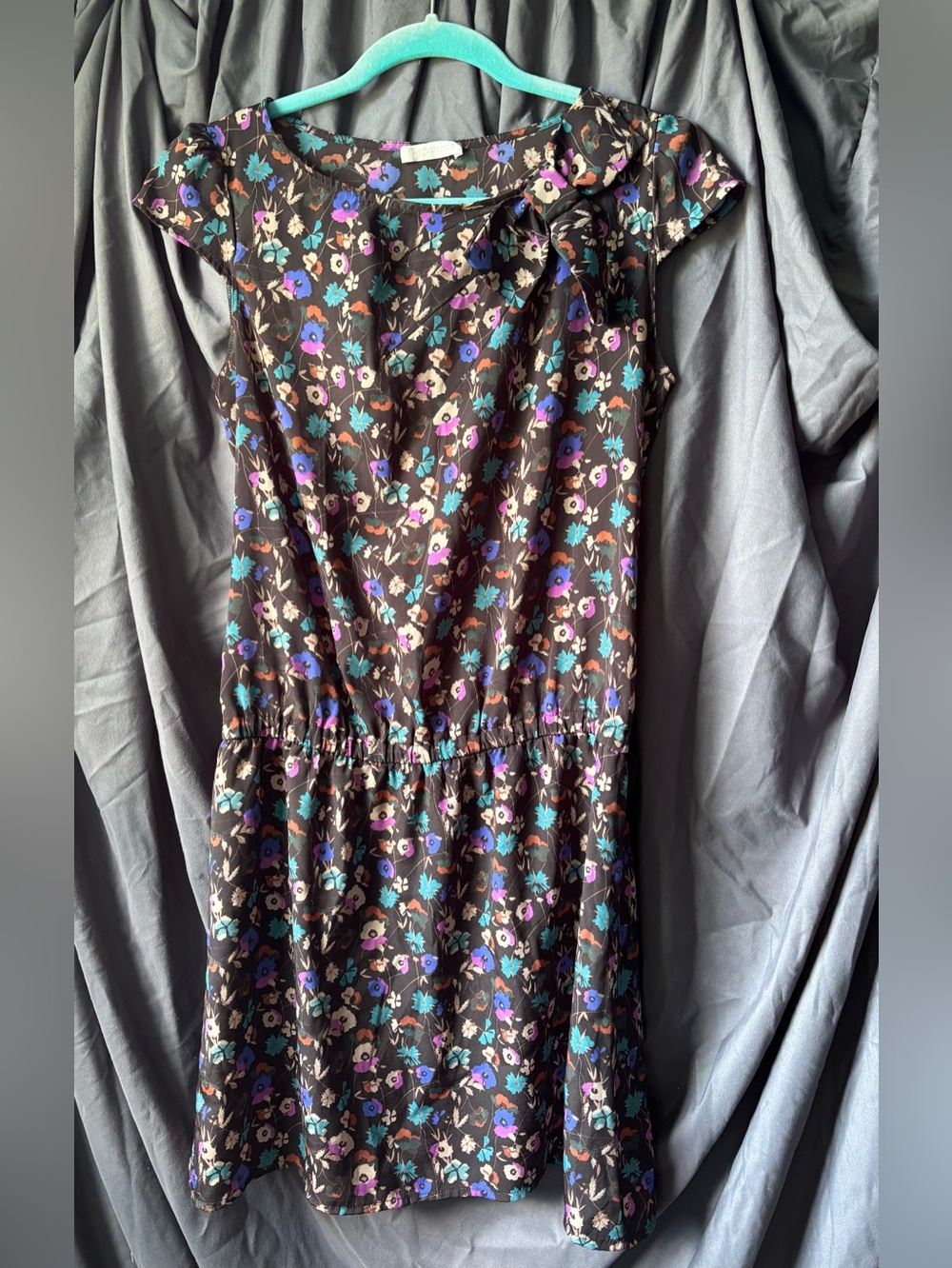 Black Floral Drop Waist Dress Semi Sheer 80s